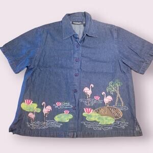 New Direction Shirt Womens Medium Blue Denim Embroidered Vintage Button Up